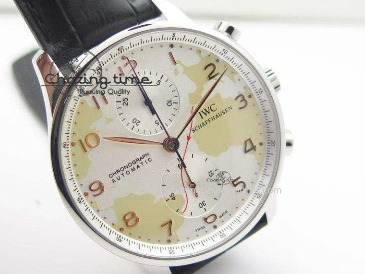 MIROTIME 0104 Unique Portuguese 40mm Chrono SS Map Dial on Black Leather Strap A 7393